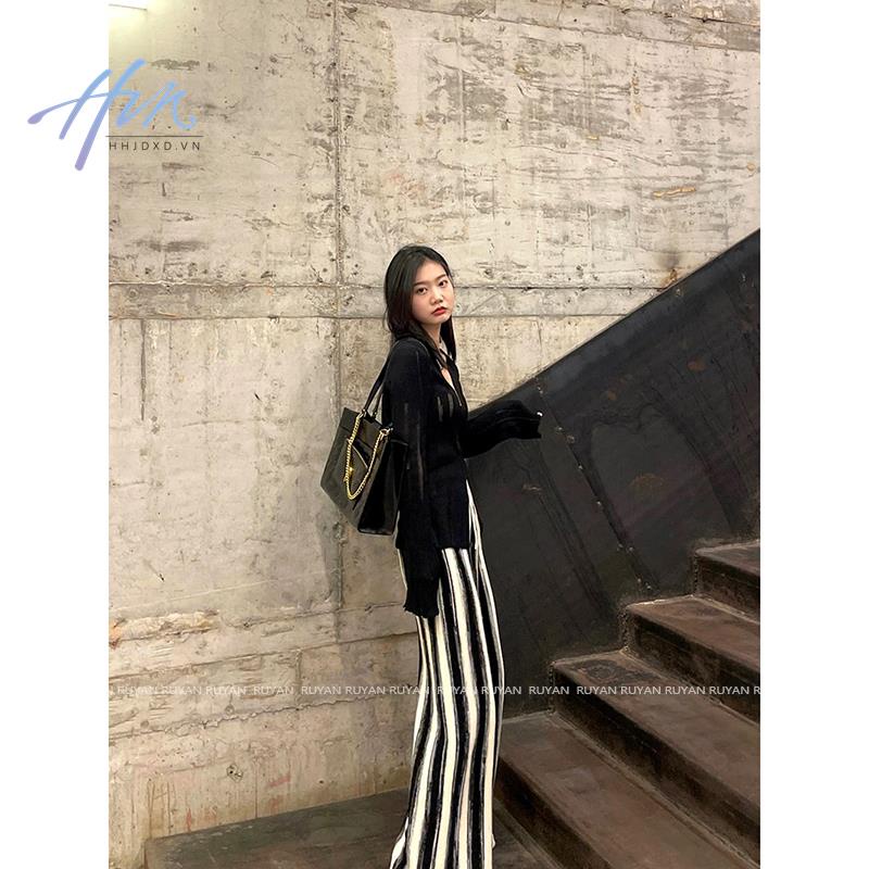 Quần Dài Dệt Kim Ống Rộng Họa Tiết Kẻ Sọc Trắng Đen Thời Trang Mùa Thu Cho Nữ