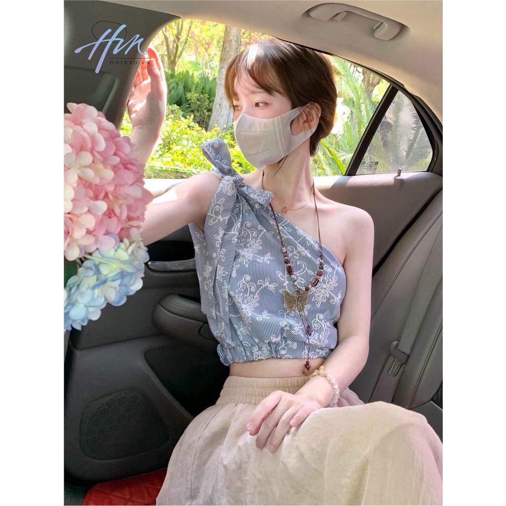 Áo Hai Dây Mùa Hè Mỏng Cột Dây In Họa Tiết Sang Trọng Cho Nữ