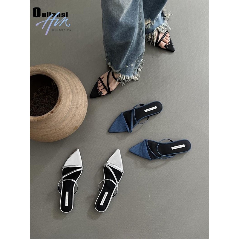 Dép Sandal Mũi Nhọn Đế Thấp Hở Ngón Thời Trang Mùa Hè Hàn Quốc 2023