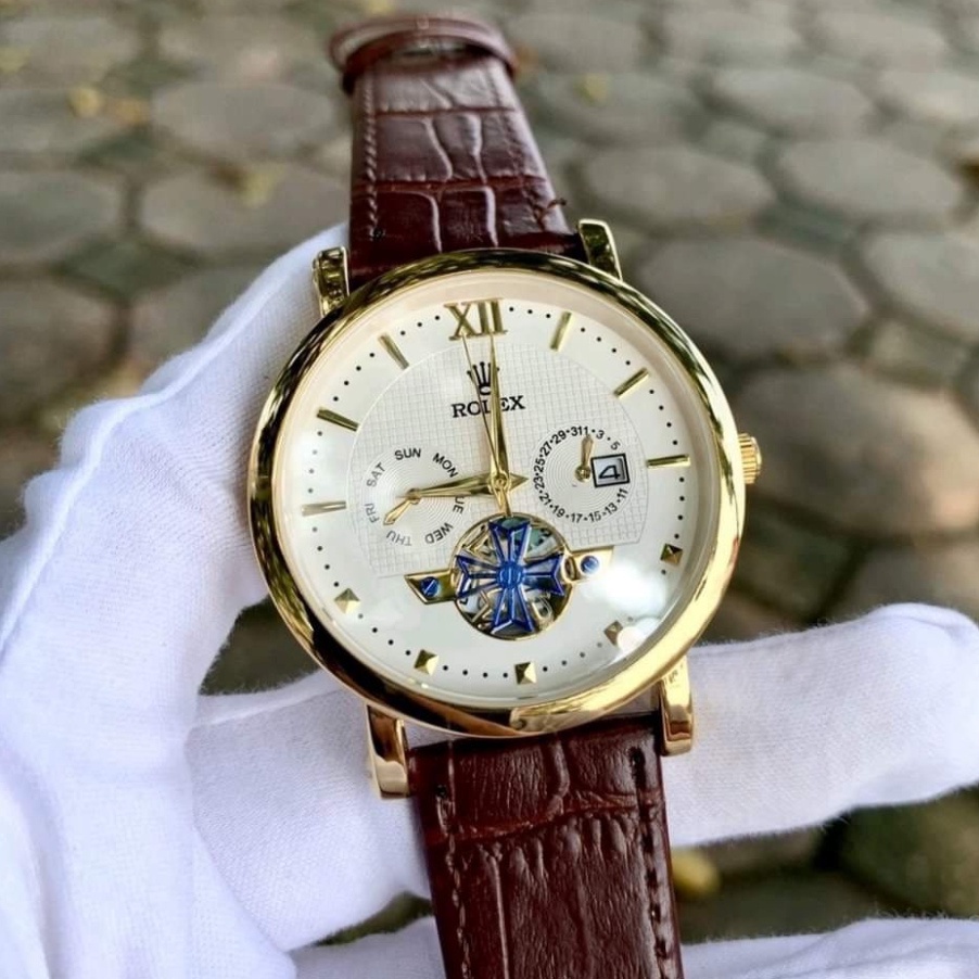 Đồng hồ đeo tay nam Rolex dây da full kim có lịch đẳng cấp sang trọng, Đồng hồ viền thép chống nước gỉ sét chất lượng
