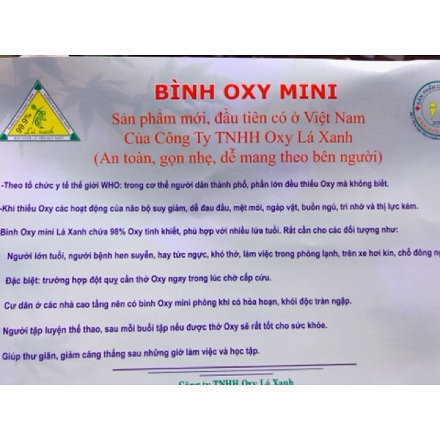 Bình Oxy mini - Lá Xanh, HÀNG CÓ TEM KIỂM ĐỊNH, 99.9% Oxi tinh khiết TBYT