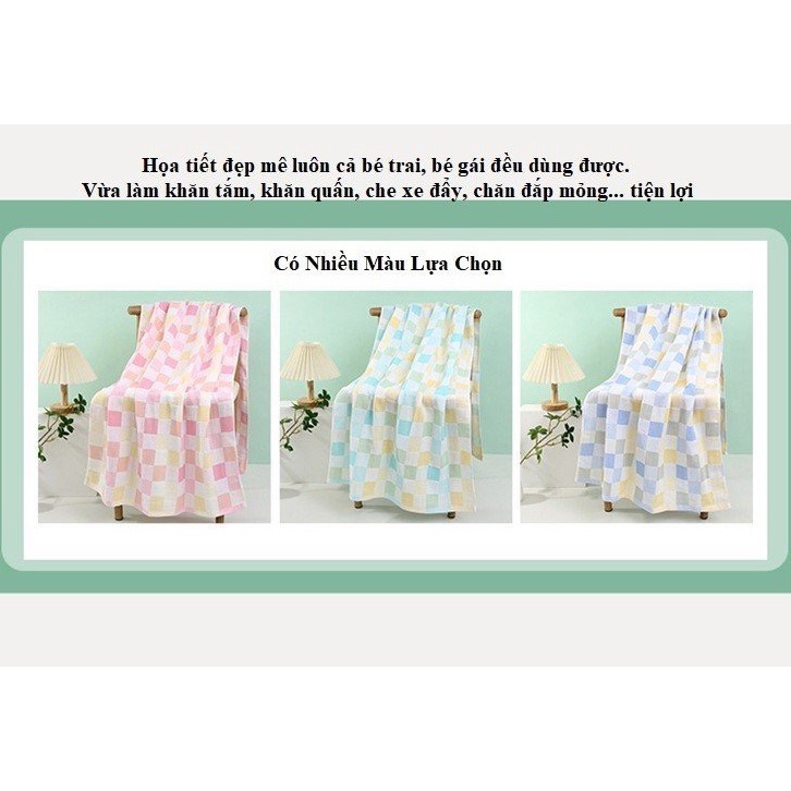 Khăn tắm cho bé vải cotton 2 lớp sọc caro, thoáng khí mềm mại thấm hút nhanh, size 70*140cm