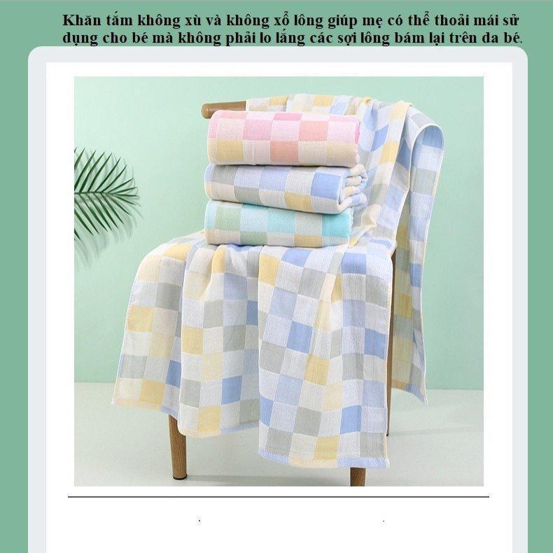 Khăn tắm cho bé vải cotton 2 lớp sọc caro, thoáng khí mềm mại thấm hút nhanh, size 70*140cm
