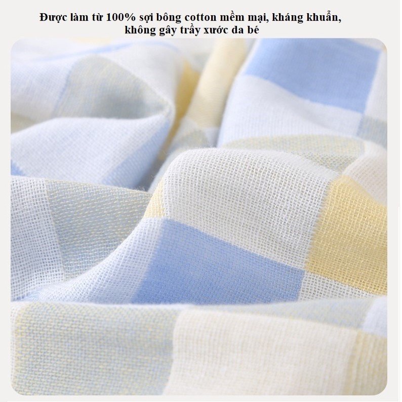 Khăn tắm cho bé vải cotton 2 lớp sọc caro, thoáng khí mềm mại thấm hút nhanh, size 70*140cm
