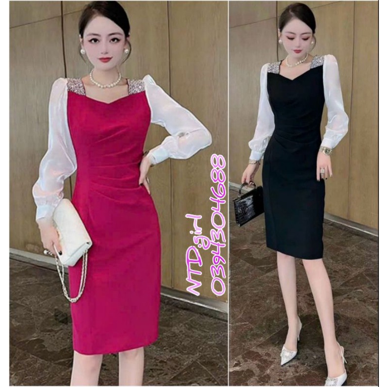 Hàng nhập - Đầm dáng ôm thun phối tơ kết đá trên vai, váy body dự tiệc tay dài sang trọng
