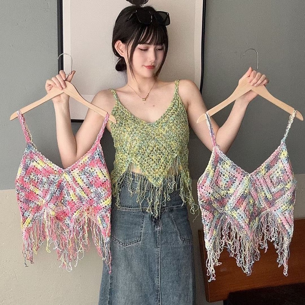 Jiashucheng Áo Dệt Kim Hai Dây Ngắn Mỏng Mùa Hè Nhiều Màu Sắc Mát Mẻ Phong Cách Mới Hợp Thời Trang Cho Nữ