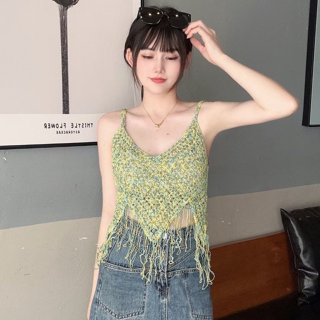 Jiashucheng Áo Dệt Kim Hai Dây Ngắn Mỏng Mùa Hè Nhiều Màu Sắc Mát Mẻ Phong Cách Mới Hợp Thời Trang Cho Nữ