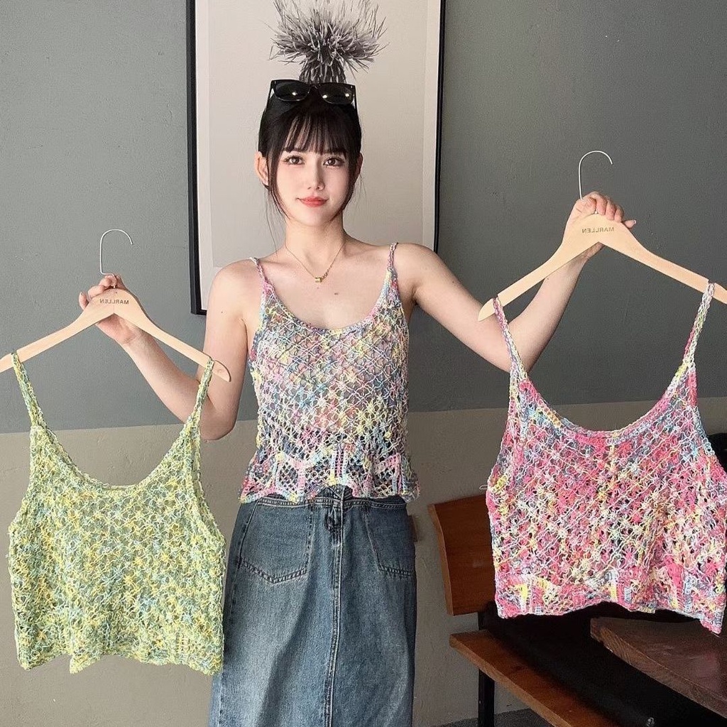 Jiashucheng Áo Dệt Kim Hai Dây Ngắn Mỏng Mùa Hè Nhiều Màu Sắc Mát Mẻ Phong Cách Mới Hợp Thời Trang Cho Nữ