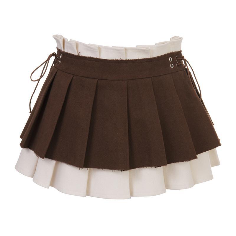 Hàng Có Sẵn! Hàng Có Sẵn!Chân Váy Ngắn Giả Hai Lớp Màu Cà Phê Phong Cách Retro Mỹ Cho Nữ