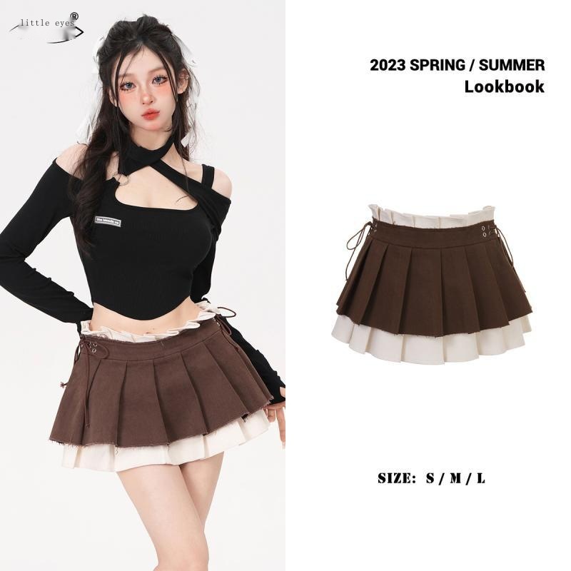 Hàng Có Sẵn! Hàng Có Sẵn!Chân Váy Ngắn Giả Hai Lớp Màu Cà Phê Phong Cách Retro Mỹ Cho Nữ