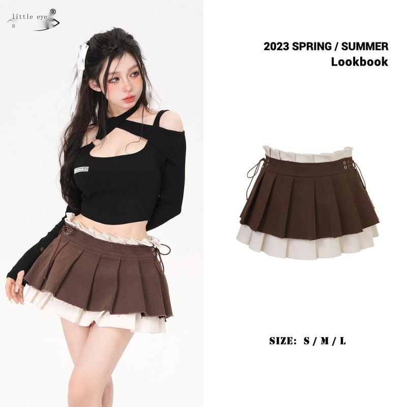 Hàng Có Sẵn! Hàng Có Sẵn!Chân Váy Ngắn Giả Hai Lớp Màu Cà Phê Phong Cách Retro Mỹ Cho Nữ