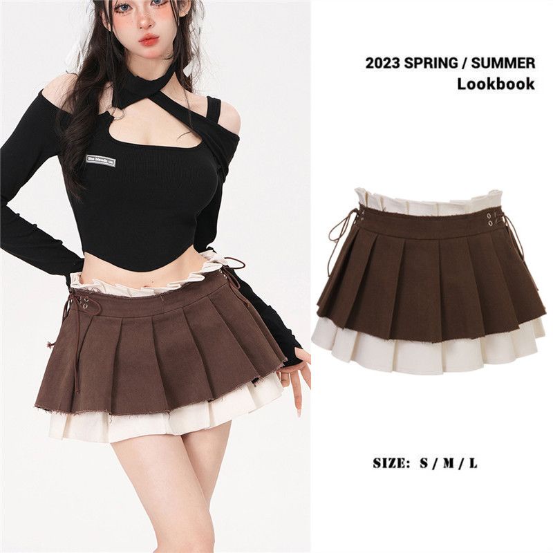 Hàng Có Sẵn! Hàng Có Sẵn!Chân Váy Ngắn Giả Hai Lớp Màu Cà Phê Phong Cách Retro Mỹ Cho Nữ