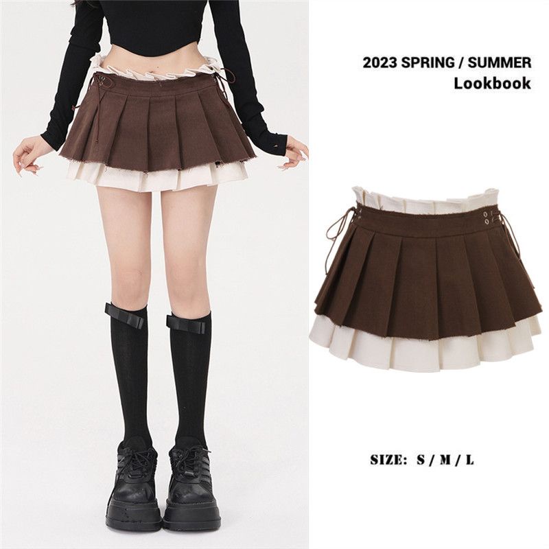 Hàng Có Sẵn! Hàng Có Sẵn!Chân Váy Ngắn Giả Hai Lớp Màu Cà Phê Phong Cách Retro Mỹ Cho Nữ