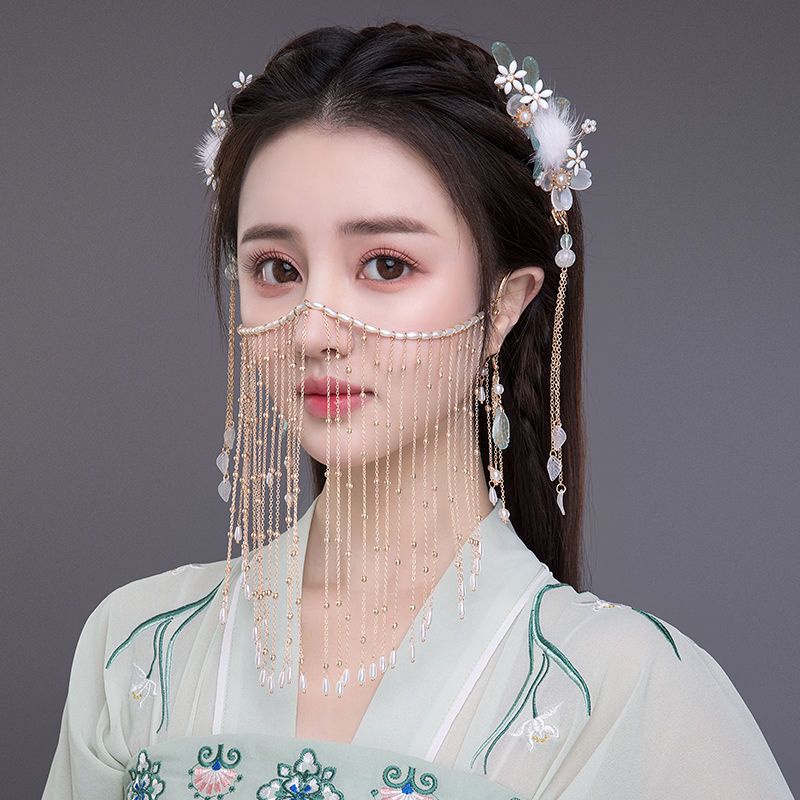 Phụ Kiện Khăn Choàng Mặt Che Phủ Mặt Phối Tua Rua Phong Cách Cổ Điển Cho Nữ