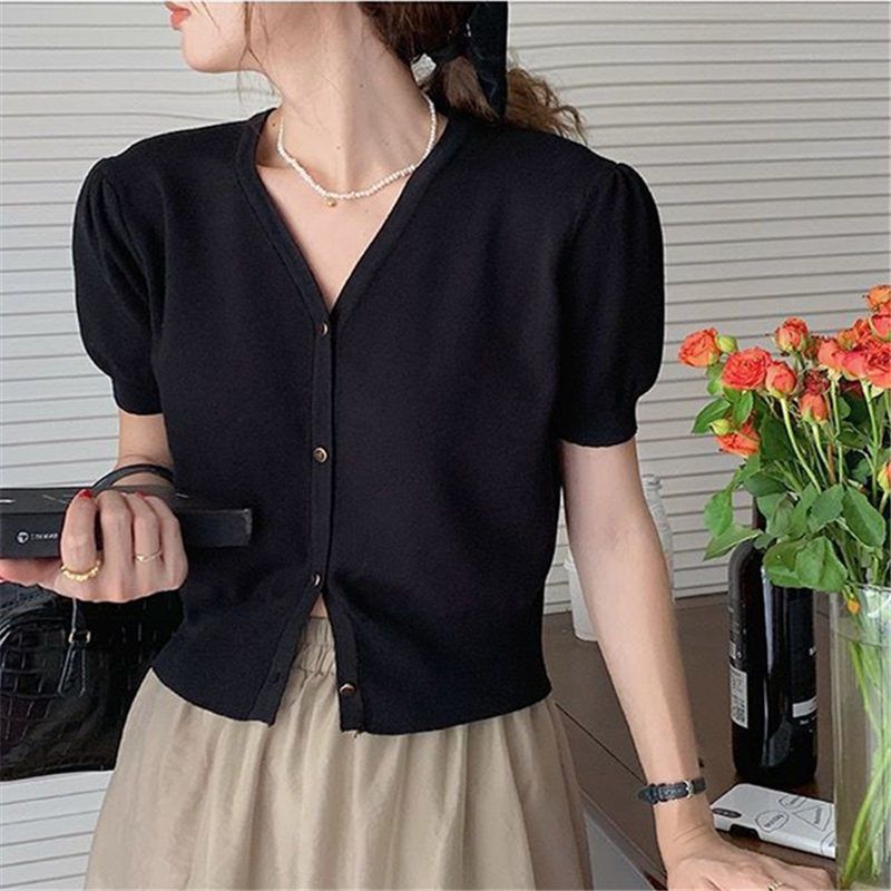 Hàng Mới Về Áo Cardigan Ngắn Tay Cổ Chữ V Màu Đen Thời Trang Mùa Hè Cho Nữ