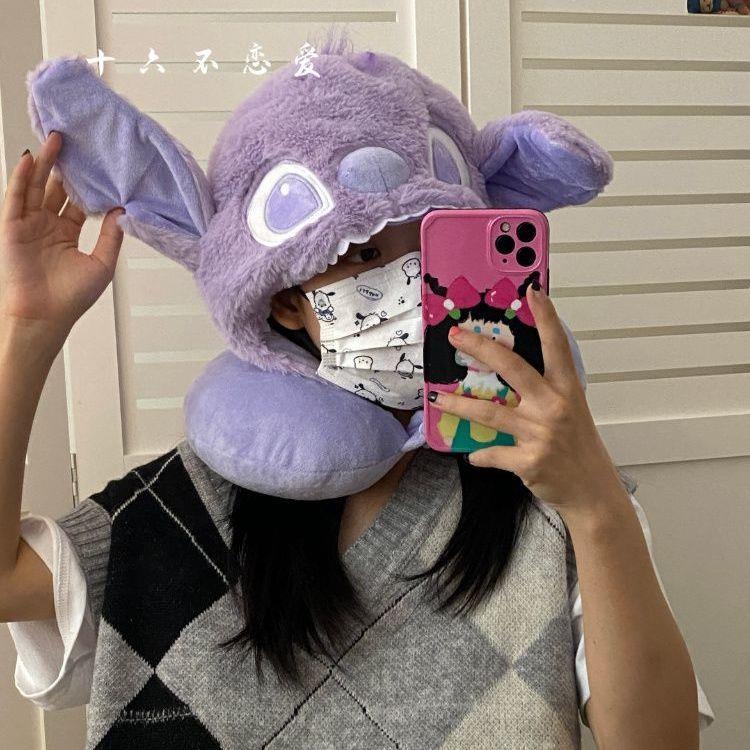 Gối Kê Cổ Chữ U Có Mũ Trùm Đầu Hình Stitch Hoạt Hình Siêu Dễ Thương