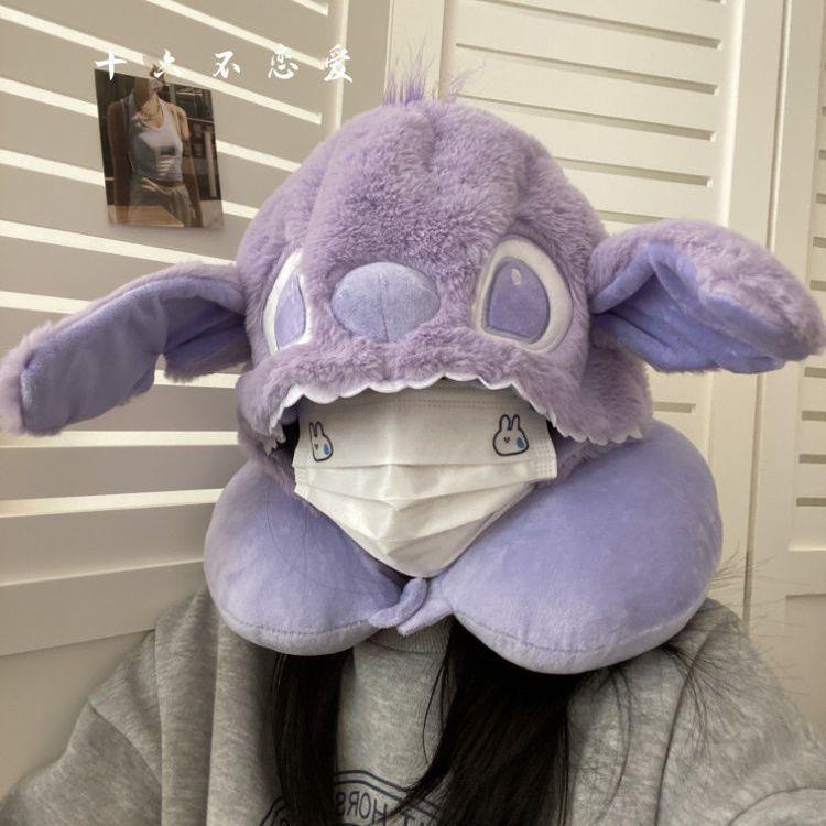 Gối Kê Cổ Chữ U Có Mũ Trùm Đầu Hình Stitch Hoạt Hình Siêu Dễ Thương