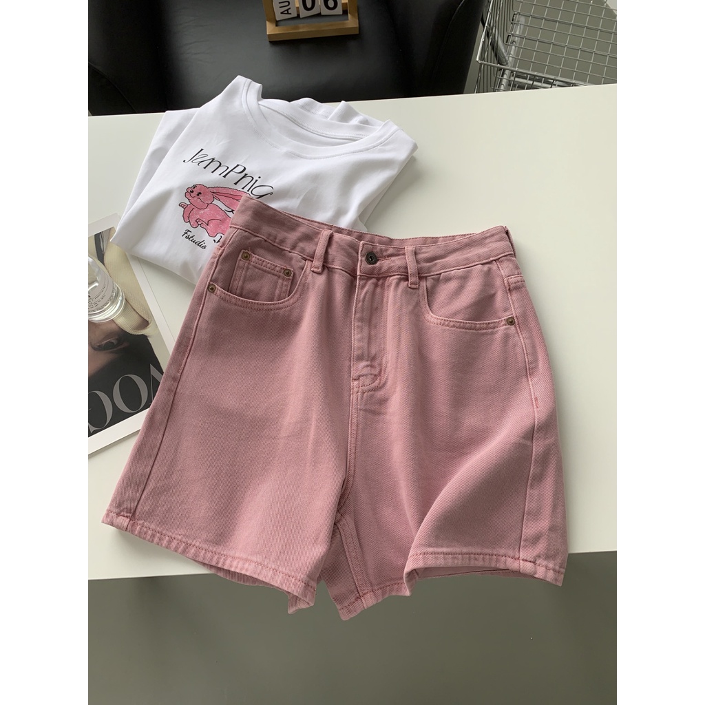 Jiashucheng Quần Short Denim Dáng Chữ A Lưng Cao Ống Rộng Màu Trắng Hồng Bẩn Thời Trang Mùa Hè Dễ Phối Đồ Cho Nữ