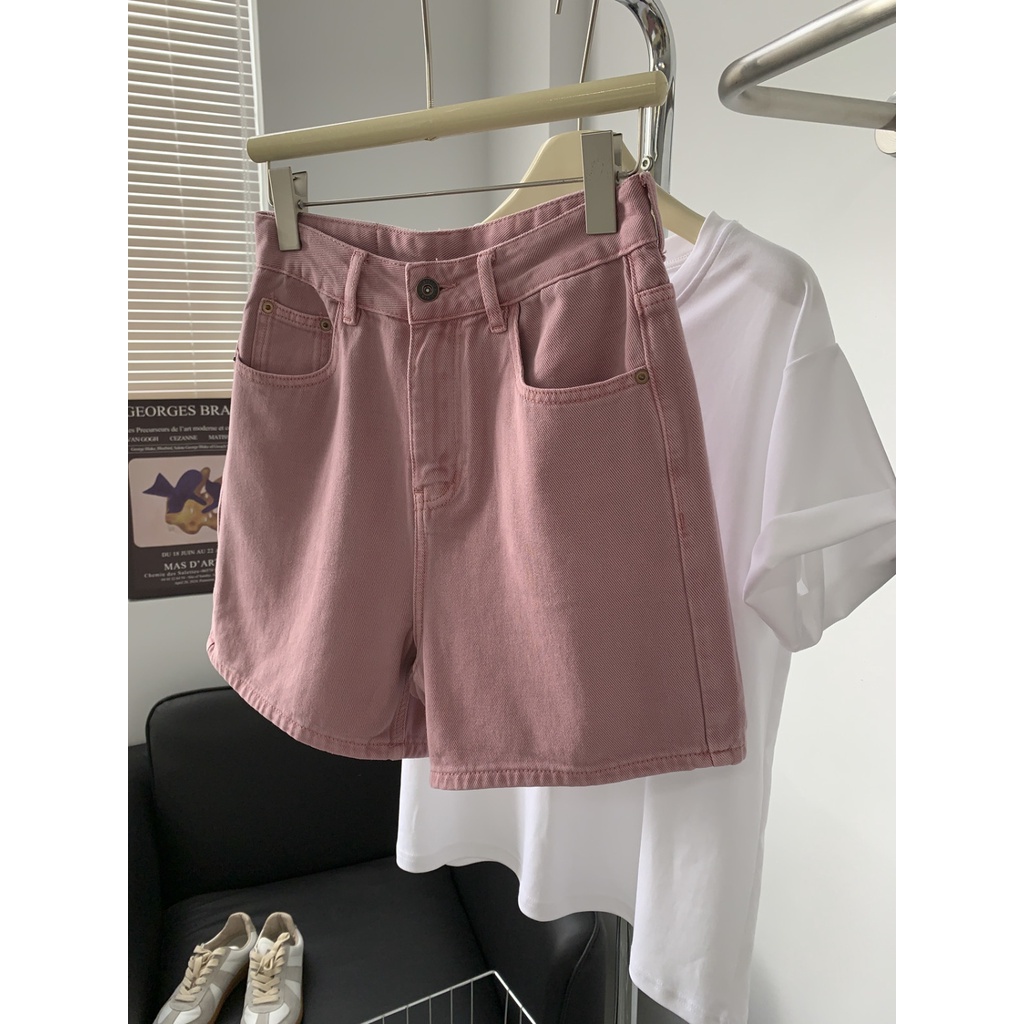Jiashucheng Quần Short Denim Dáng Chữ A Lưng Cao Ống Rộng Màu Trắng Hồng Bẩn Thời Trang Mùa Hè Dễ Phối Đồ Cho Nữ