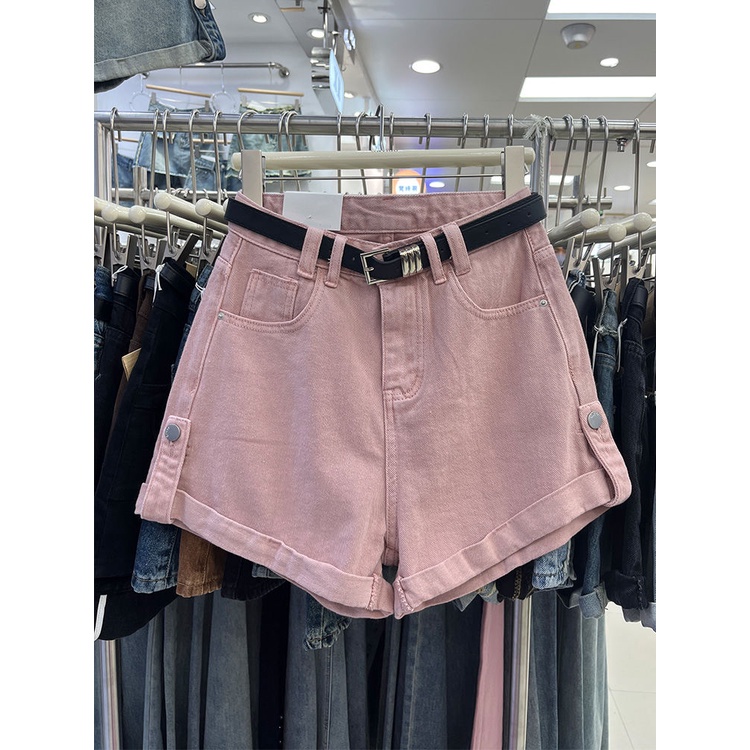 Jiashucheng Quần Short Denim Chữ a Lưng Cao Ống Rộng Màu Hồng Thời Trang Mùa Hè Hàng Mới Dành Cho Bạn Nữ