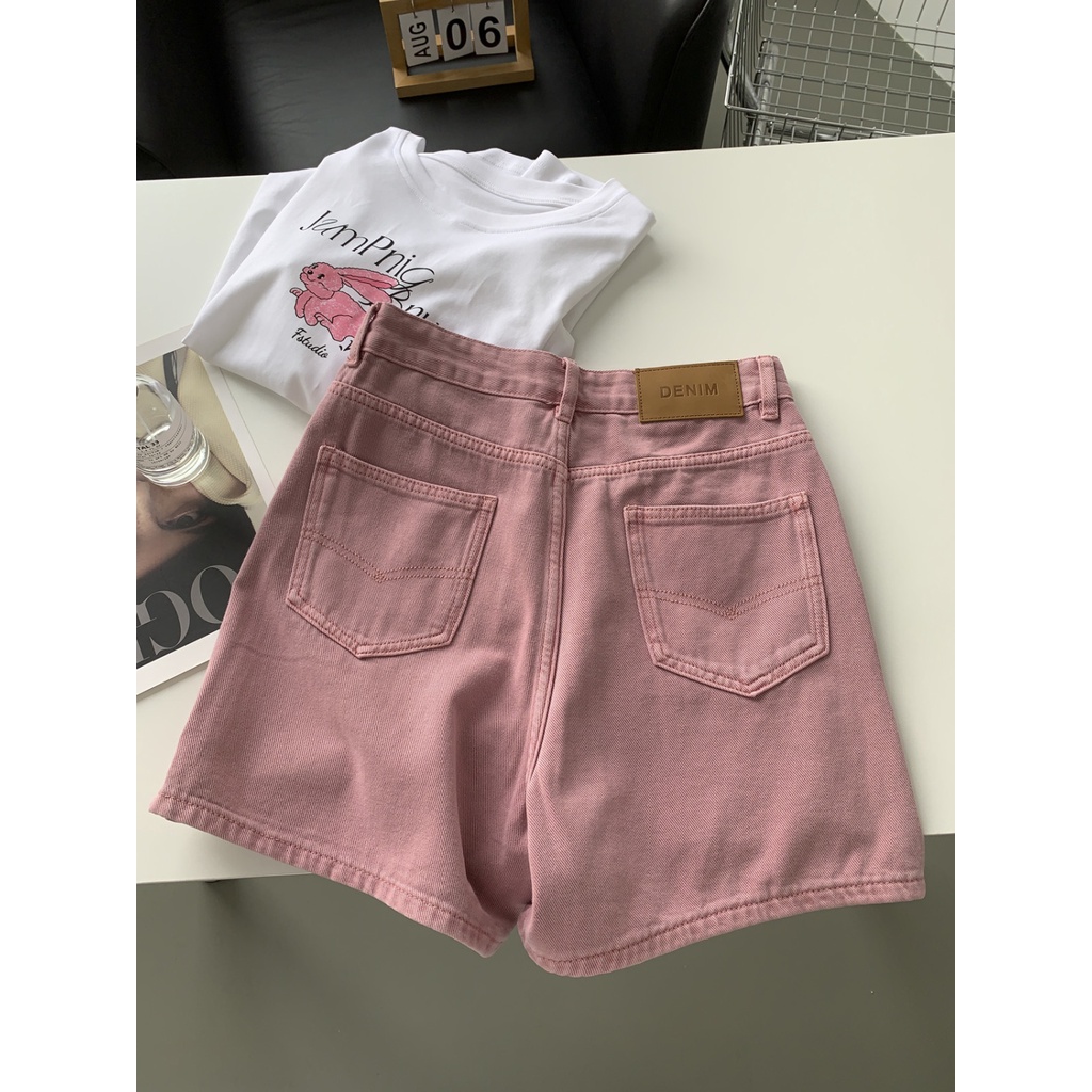 Jiashucheng Quần Short Denim Dáng Chữ A Lưng Cao Ống Rộng Màu Trắng Hồng Bẩn Thời Trang Mùa Hè Dễ Phối Đồ Cho Nữ