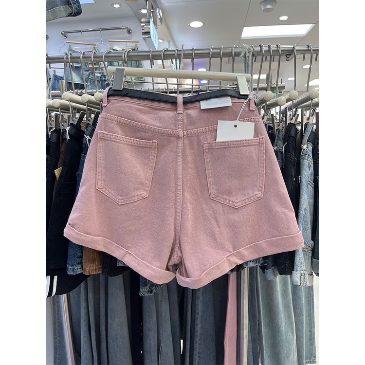 Jiashucheng Quần Short Denim Chữ a Lưng Cao Ống Rộng Màu Hồng Thời Trang Mùa Hè Hàng Mới Dành Cho Bạn Nữ
