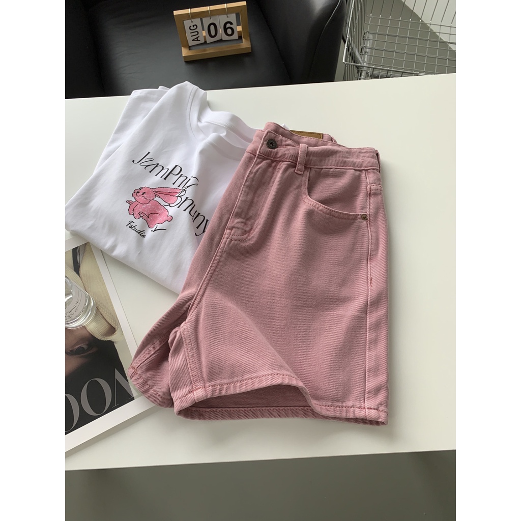 Jiashucheng Quần Short Denim Dáng Chữ A Lưng Cao Ống Rộng Màu Trắng Hồng Bẩn Thời Trang Mùa Hè Dễ Phối Đồ Cho Nữ