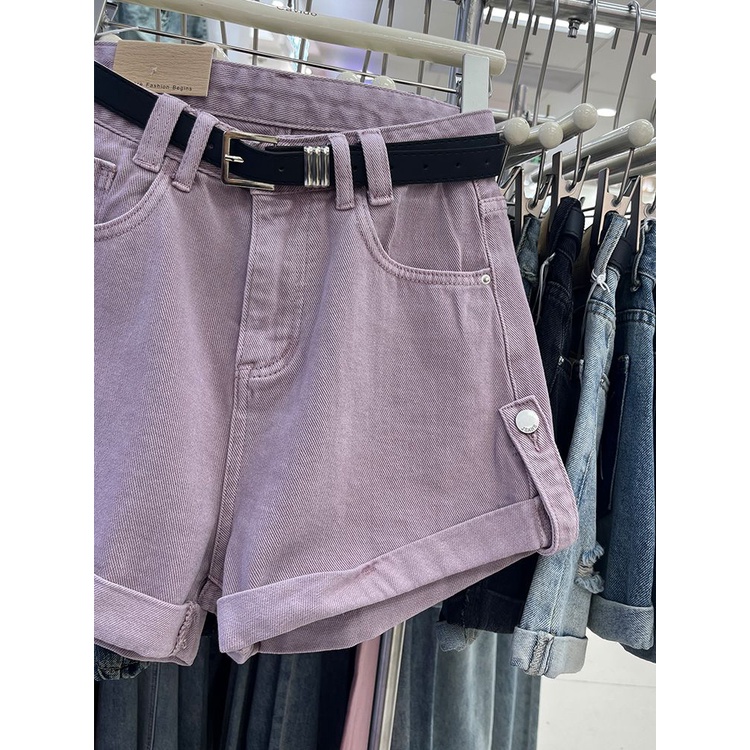 Jiashucheng Quần Short Denim Chữ a Lưng Cao Ống Rộng Màu Hồng Thời Trang Mùa Hè Hàng Mới Dành Cho Bạn Nữ