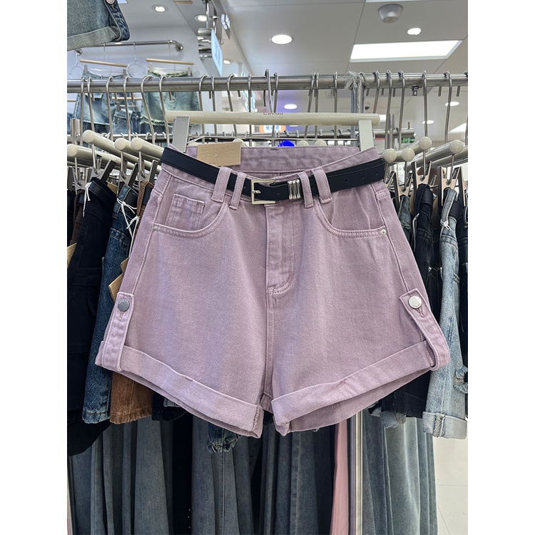 Jiashucheng Quần Short Denim Chữ a Lưng Cao Ống Rộng Màu Hồng Thời Trang Mùa Hè Hàng Mới Dành Cho Bạn Nữ