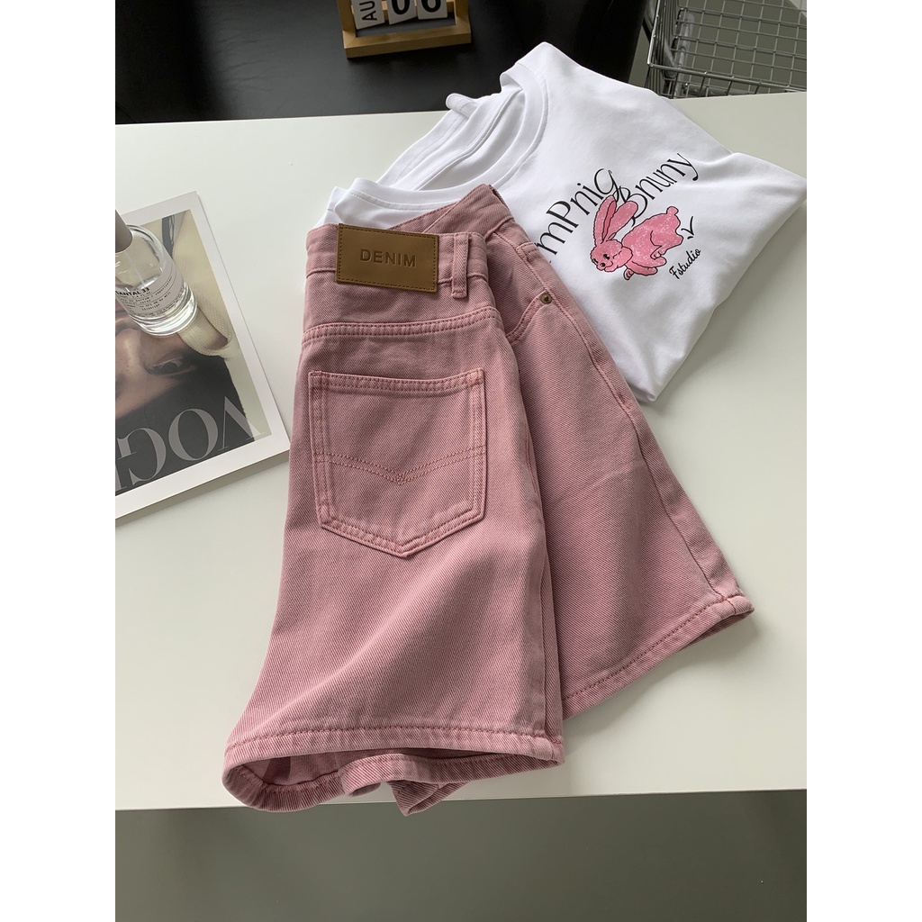 Jiashucheng Quần Short Denim Dáng Chữ A Lưng Cao Ống Rộng Màu Trắng Hồng Bẩn Thời Trang Mùa Hè Dễ Phối Đồ Cho Nữ