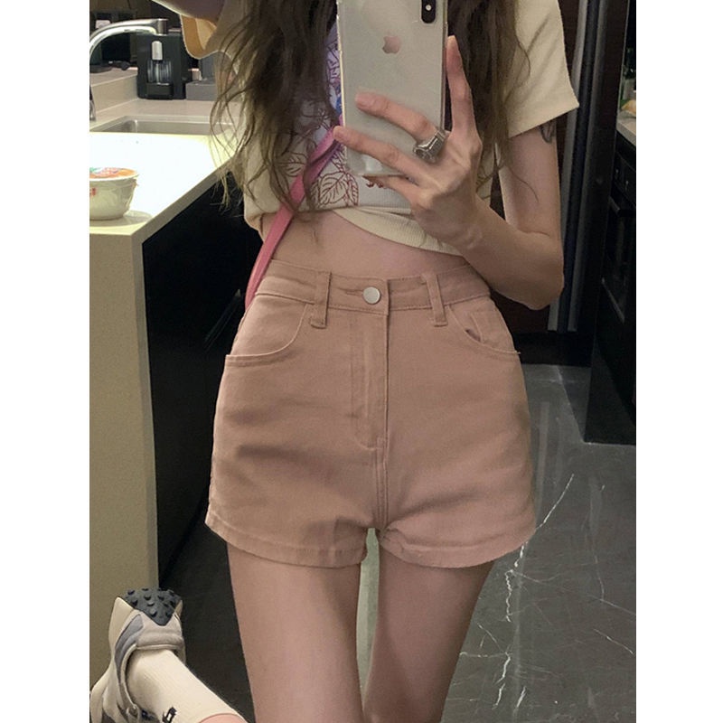 Jiashucheng Quần Short Jeans Chữ a Lưng Cao Dáng Ôm Màu Hồng Thời Trang Mùa Hè Cho Nữ