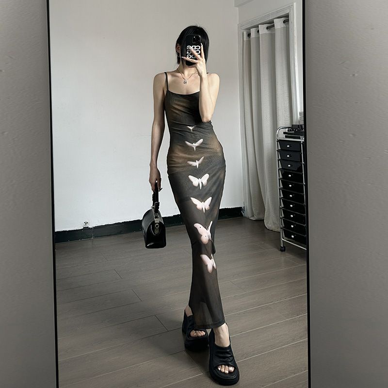 Jiashucheng Đầm Hai Dây Dáng Ôm Dài Qua Gối Phối Hai Lớp In Họa Tiết Bướm Cổ Điển Gợi Cảm Dành Cho Bạn Nữ