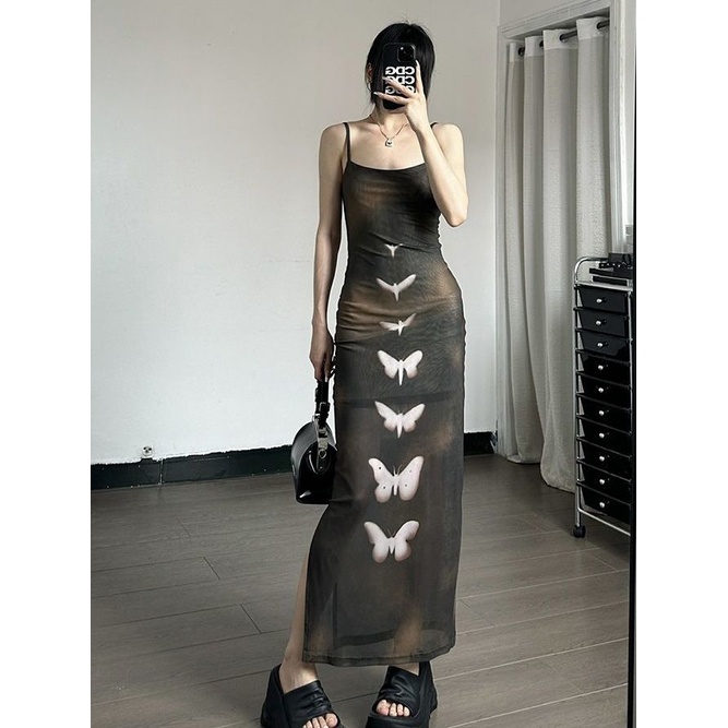 Jiashucheng Đầm Hai Dây Dáng Ôm Dài Qua Gối Phối Hai Lớp In Họa Tiết Bướm Cổ Điển Gợi Cảm Dành Cho Bạn Nữ