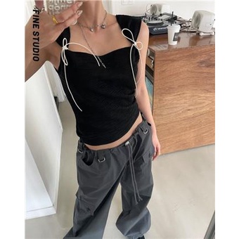 Áo Không Tay Dáng Ngắn Màu Sắc Tương Phản Đơn Giản Phong Cách Hàn Quốc