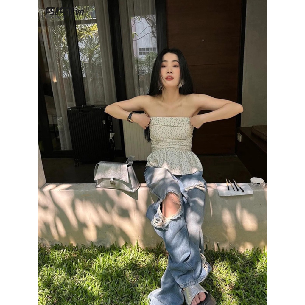 Áo Ống Nhún Bèo Họa Tiết Hoa Phong Cách Pháp Thời Trang Mùa Hè 2023 Cho Nữ