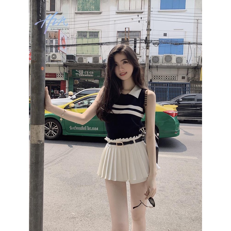 Áo Dệt Kim Không Tay Cổ polo Phong Cách Preppy Thời Trang Mùa Hè Mới 2023