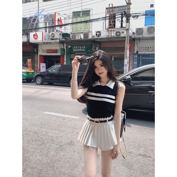 Áo Dệt Kim Không Tay Cổ polo Phong Cách Preppy Thời Trang Mùa Hè Mới 2023