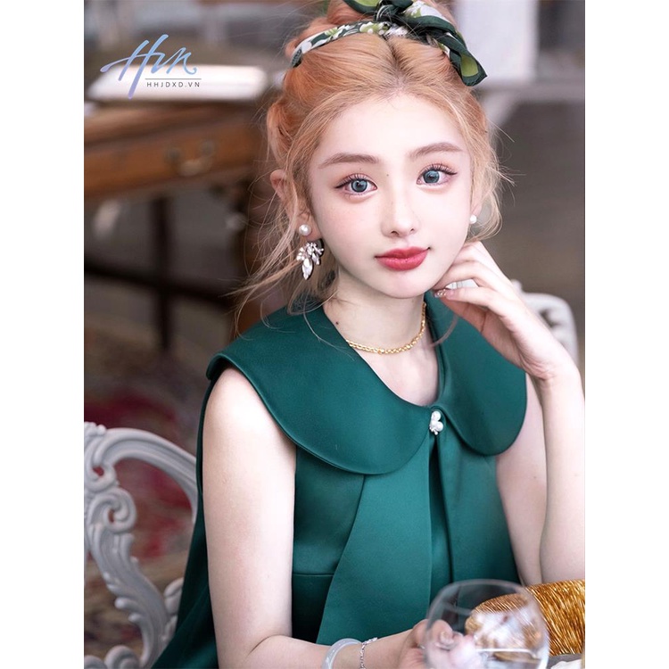 Đầm Ngắn Cổ Búp Bê Đính Đá Thủ Công Kiểu Pháp Dễ Thương