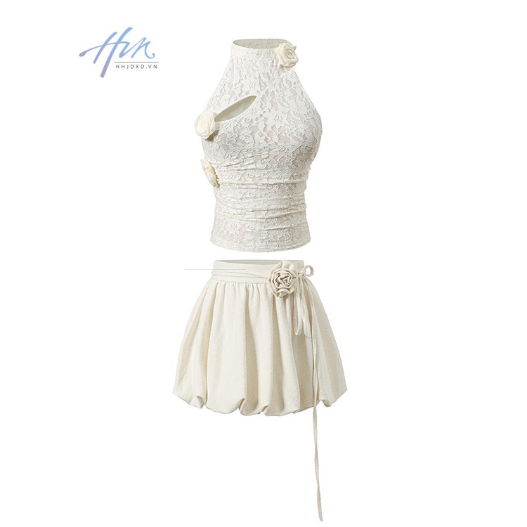 Bộ Áo Ren Sát Nách Cổ Yếm Phối Chân Váy Họa Tiết Hoa Hồng Thời Trang Mùa Hè Xinh Xắn Cho