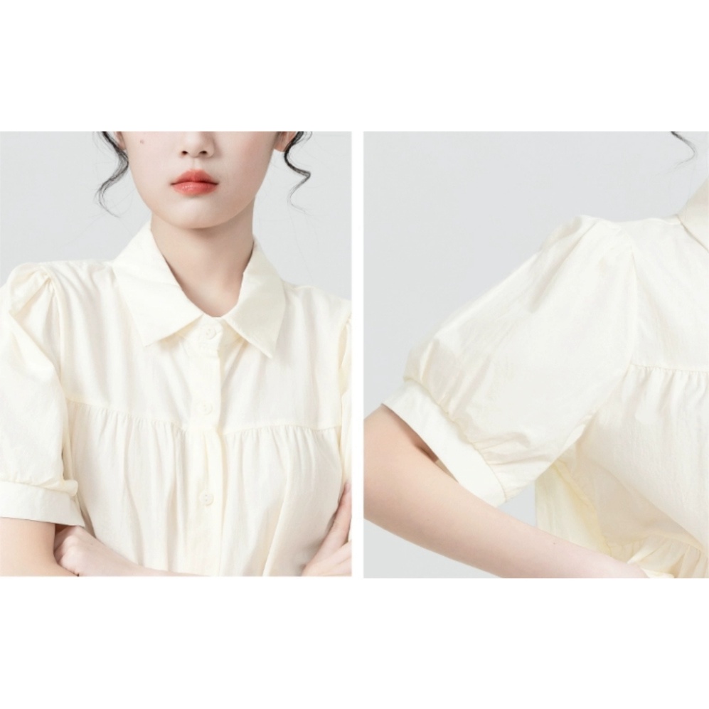 Áo sơ mi nữ ngắn tay babydoll 3 tầng cổ bẻ kiểu Hàn Quốc màu be - me me store