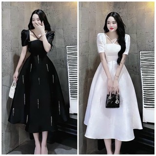 Đầm xoè thiết kế dự tiệc đính đá, váy maxy tay phồng đi tiệc đen, trắng
