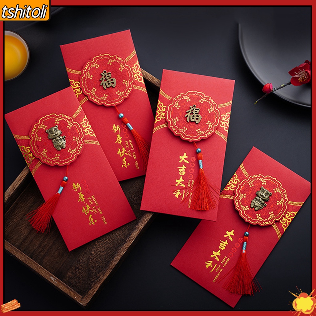 Phong bì lì xì năm mới 2022 đa năng có tua rua phong cách Trung Hoa