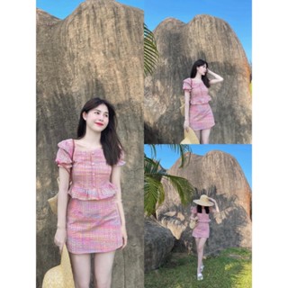 (FreeShip) Set Hồng Áo Cổ Vuông, Tay Bồng Mix Chân Váy, Chất Đũi Xốp Loại Sịn