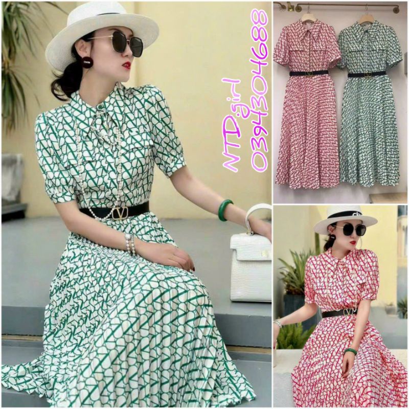 Hàng nhập - Đầm dáng xòe lụa mát lạnh cổ sơ mi 2 túi trước, váy xòe tay ngắn tùng xếp li