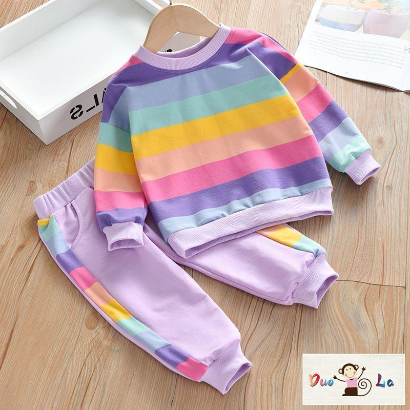 Bộ Áo Tay Dài Và Quần Dài Họa Tiết Cầu Vồng Thời Trang Xuân Thu 2023 Dành Cho Bé Gái