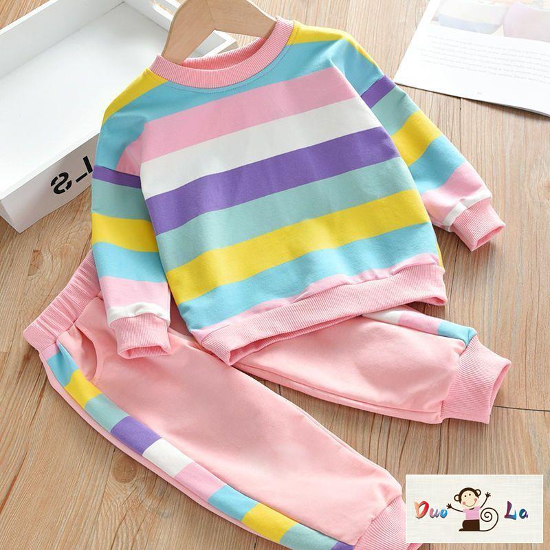 Bộ Áo Tay Dài Và Quần Dài Họa Tiết Cầu Vồng Thời Trang Xuân Thu 2023 Dành Cho Bé Gái