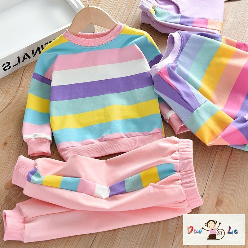 Bộ Áo Tay Dài Và Quần Dài Họa Tiết Cầu Vồng Thời Trang Xuân Thu 2023 Dành Cho Bé Gái