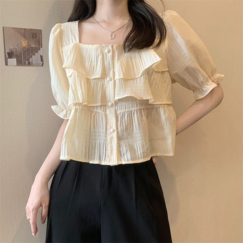 Jiashucheng Áo Sơ Mi Ngắn Tay Phồng Cổ Vuông Thiết Kế Nhỏ Nhắn Phong Cách Pháp Xinh Xắn Thời Trang Cho Nữ