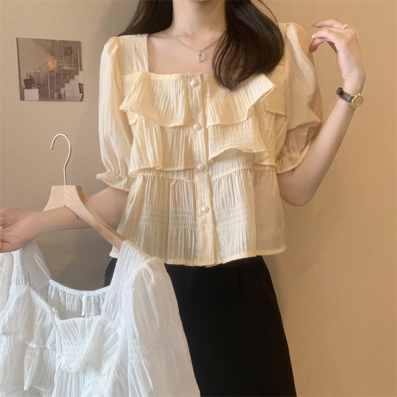 Jiashucheng Áo Sơ Mi Ngắn Tay Phồng Cổ Vuông Thiết Kế Nhỏ Nhắn Phong Cách Pháp Xinh Xắn Thời Trang Cho Nữ