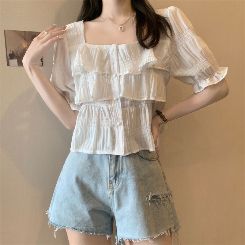 Jiashucheng Áo Sơ Mi Ngắn Tay Phồng Cổ Vuông Thiết Kế Nhỏ Nhắn Phong Cách Pháp Xinh Xắn Thời Trang Cho Nữ